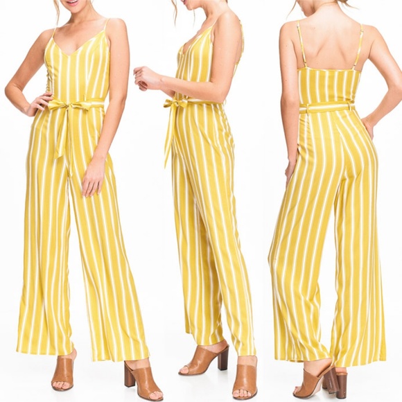 Yellow Cream Striped Wide Leg Cami V Neck Jumpsuit - Picture 5 of 7